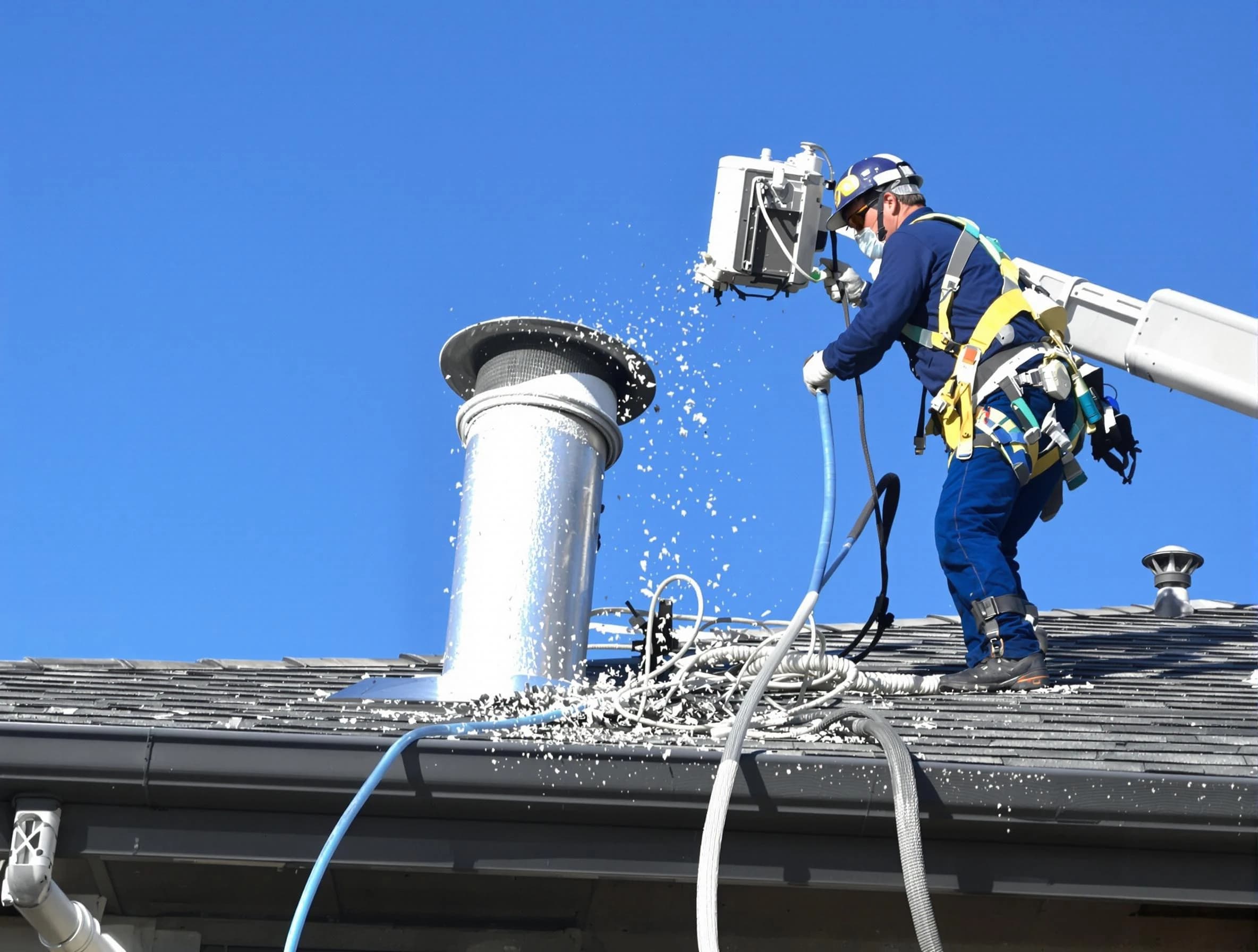 Ettrick Dryer Vent Cleaning certified technician safely cleaning a roof-mounted dryer vent in Ettrick