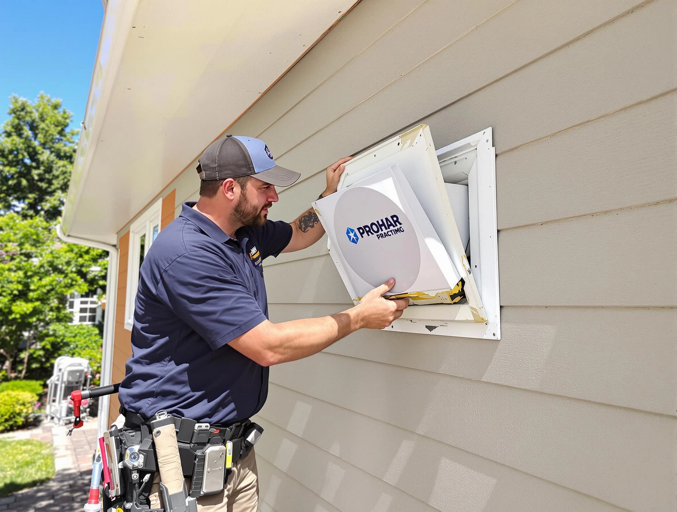 Ettrick Dryer Vent Cleaning technician installing a new protective dryer vent cover on a home in Ettrick