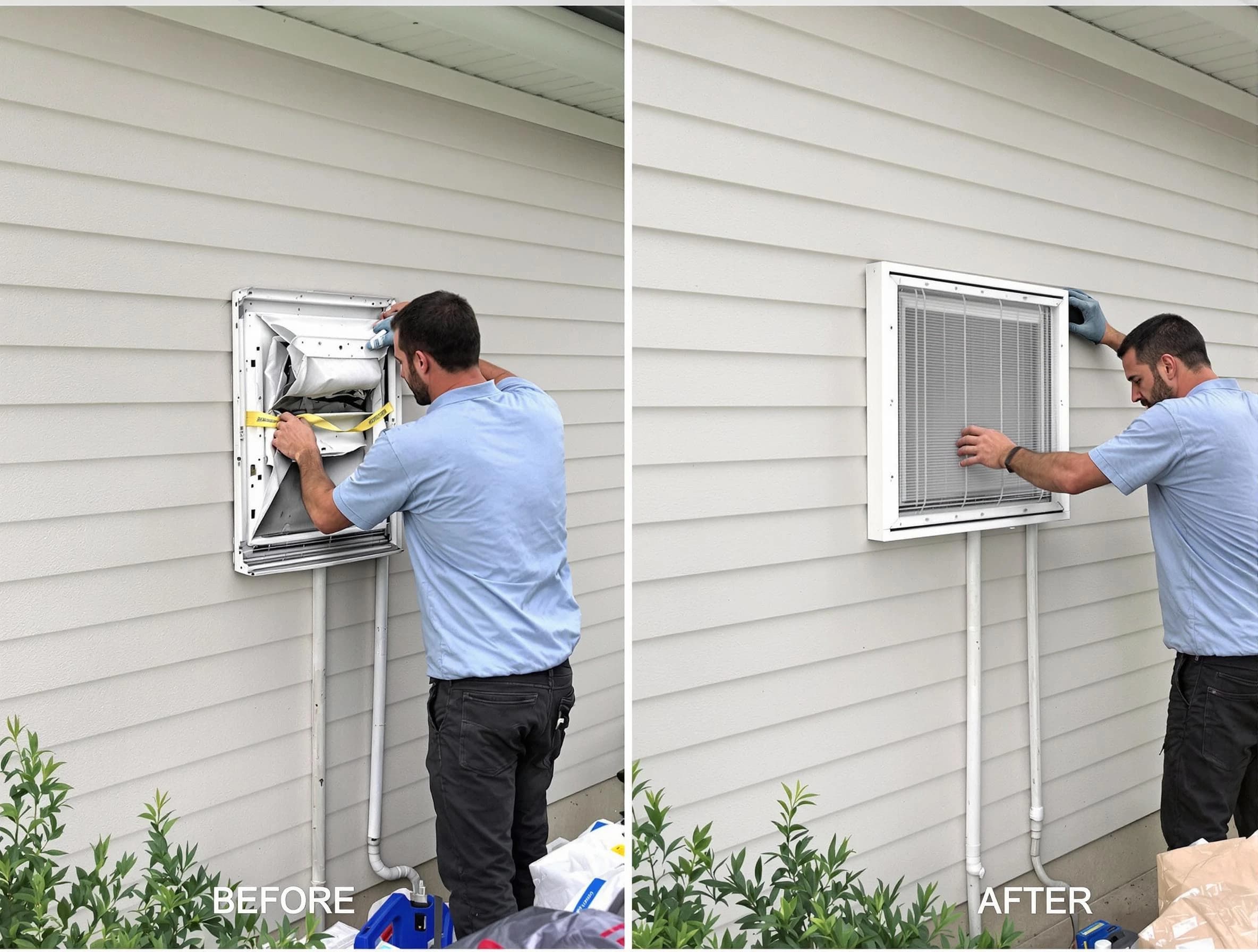 Ettrick Dryer Vent Cleaning technician installing high-quality dryer vent cover at a residential property in Ettrick