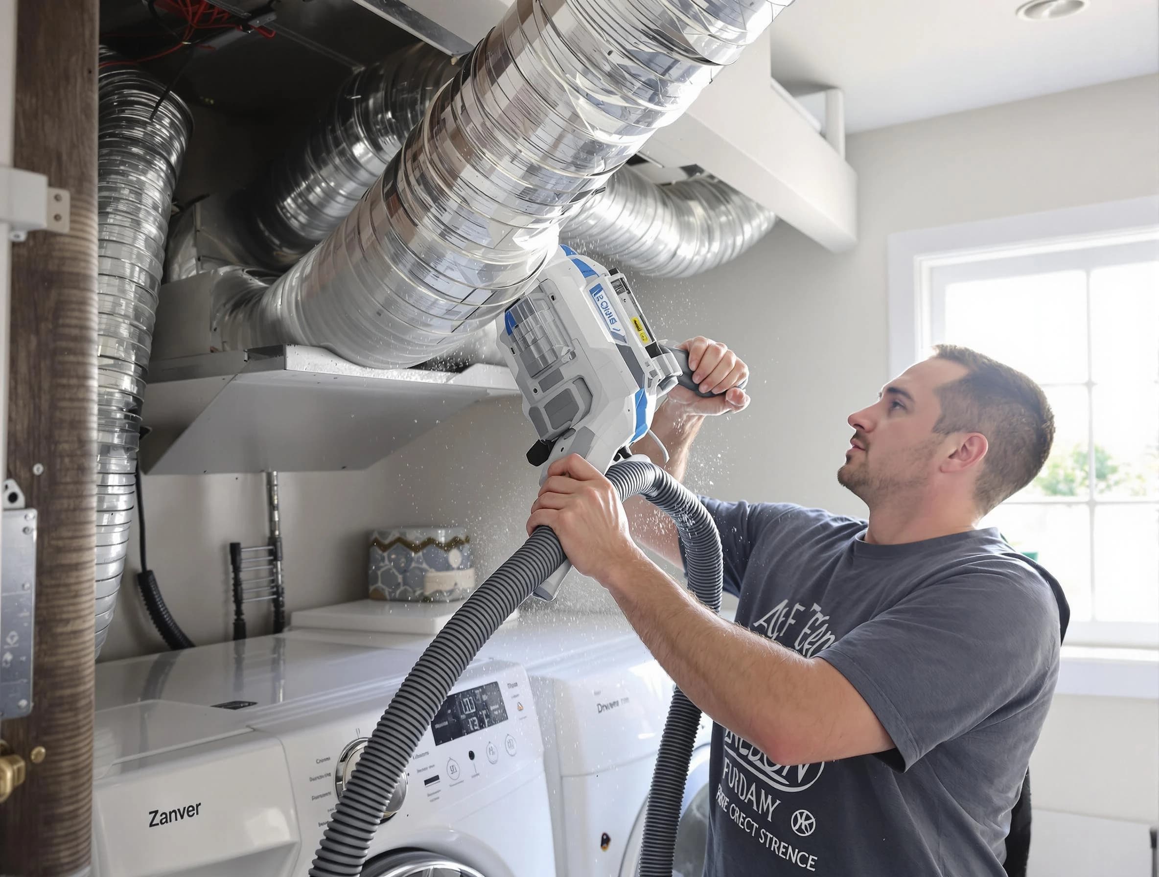 Ettrick Dryer Vent Cleaning specialist cleaning deep within a dryer vent duct system in Ettrick
