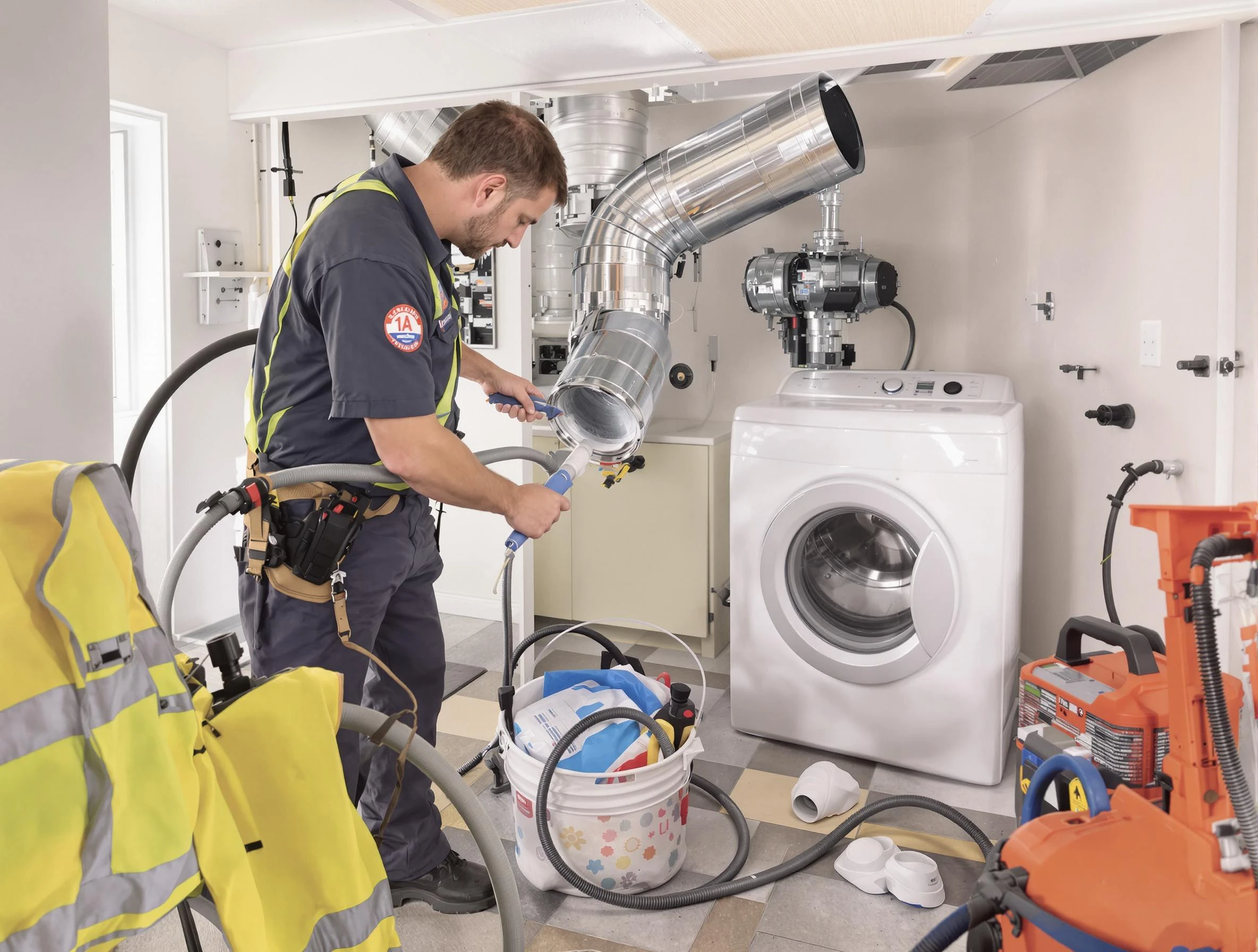 Ettrick Dryer Vent Cleaning technician using specialized equipment to clear severe dryer vent blockage in Ettrick